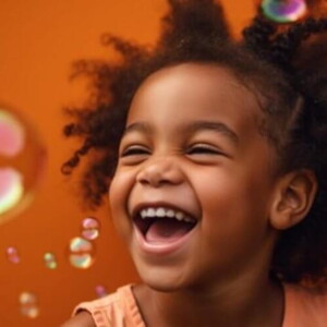 Menina sorrindo alegremente com bolhas de sabão em frente uma parede colorida