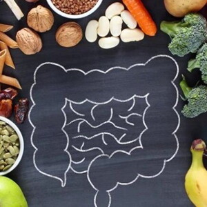 Imagem com um desenho de um intestino com várias frutas, legumes e ingredientes em gerais 