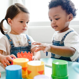 imagem de duas crianças pequenas vestindo macacão jeans e camiseta branca, brincando com brinquedos pedagógicos.