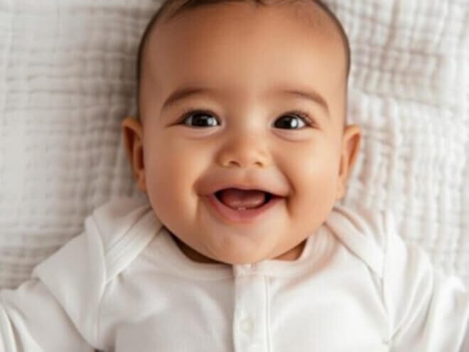 Bebê usando roupa branca em cima de um edredom sorrindo