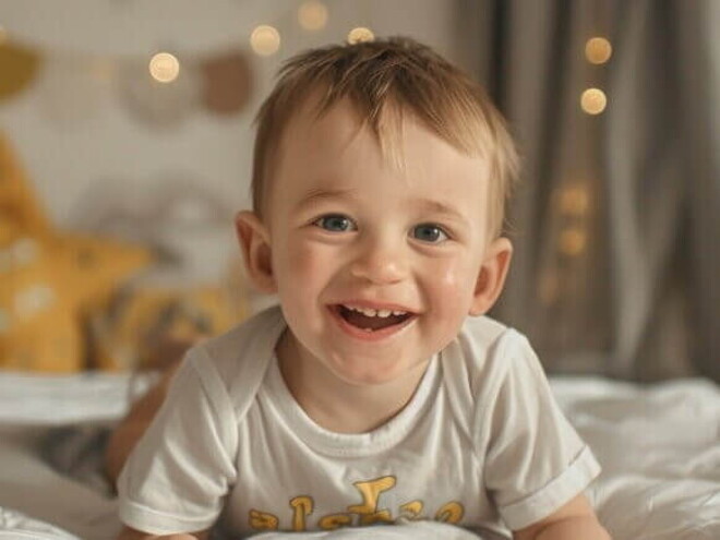 Menino em cima da cama com roupa branca sorrindo