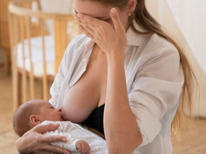 Mulher amamentando bebê recém-nascido com expressão preocupada