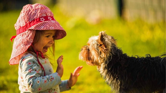 Uma menina com as mãos levantadas e a boca aberta em frente a um cachorro