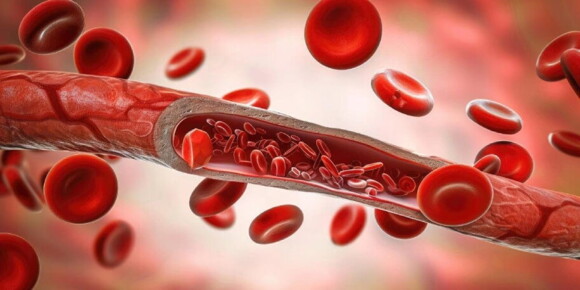 Ilustração de um vaso sanguíneo mostrando glóbulos vermelhos e um coágulo sanguíneo bloqueando parcialmente o fluxo